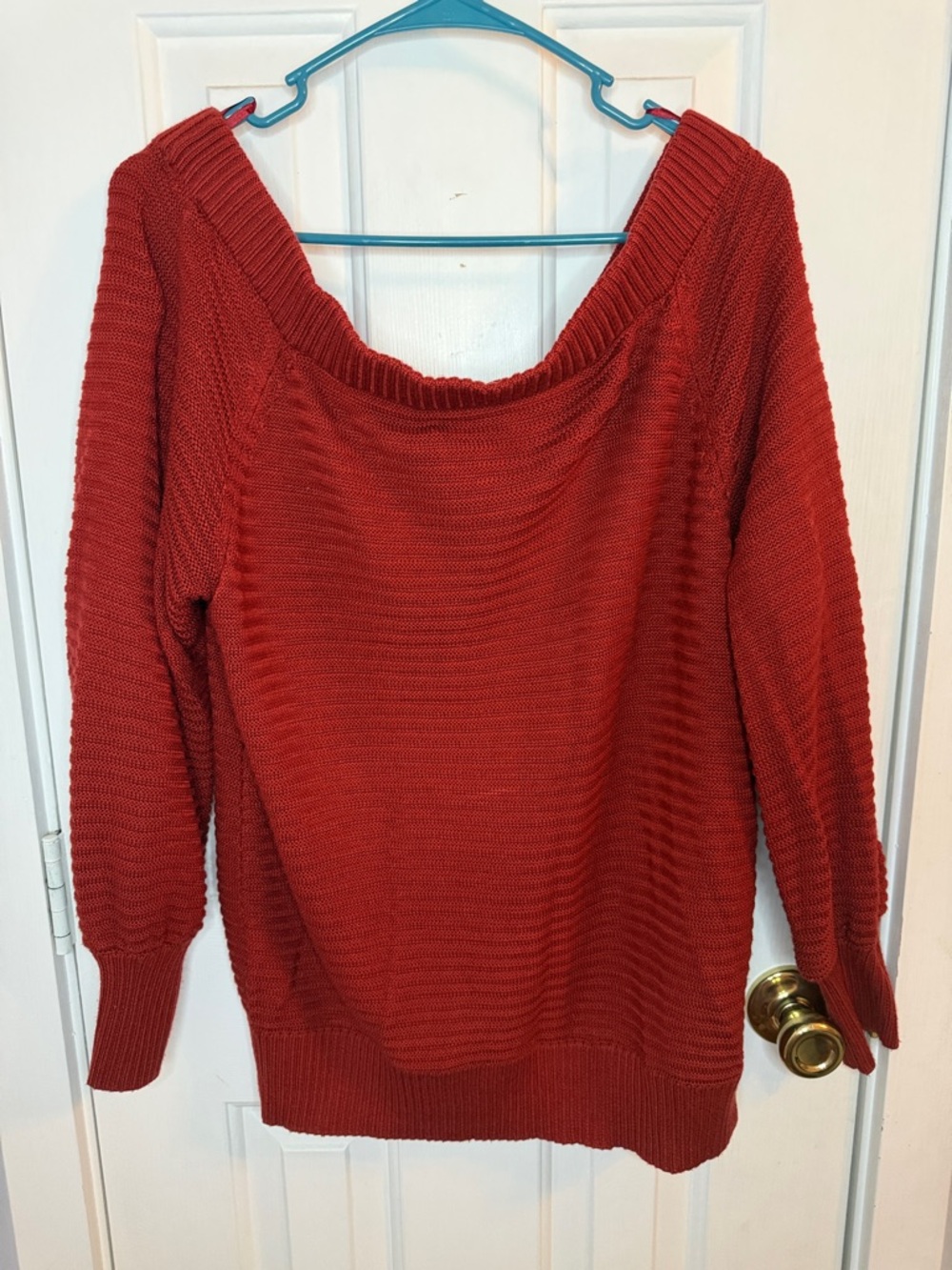 New York & Company Off-the-Shoulder Sweater in Rusty Red Color